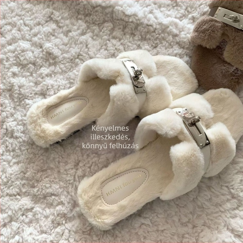 Koreai stílusú női szőrös papucs, felső és belső rész műszőr, gumitalp, slip-on