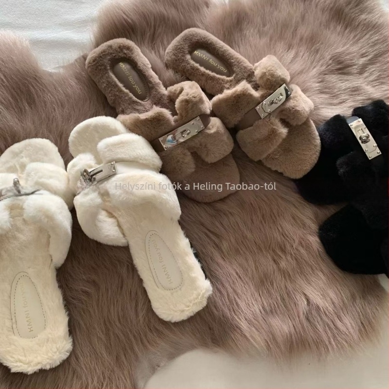 Koreai stílusú női szőrös papucs, felső és belső rész műszőr, gumitalp, slip-on