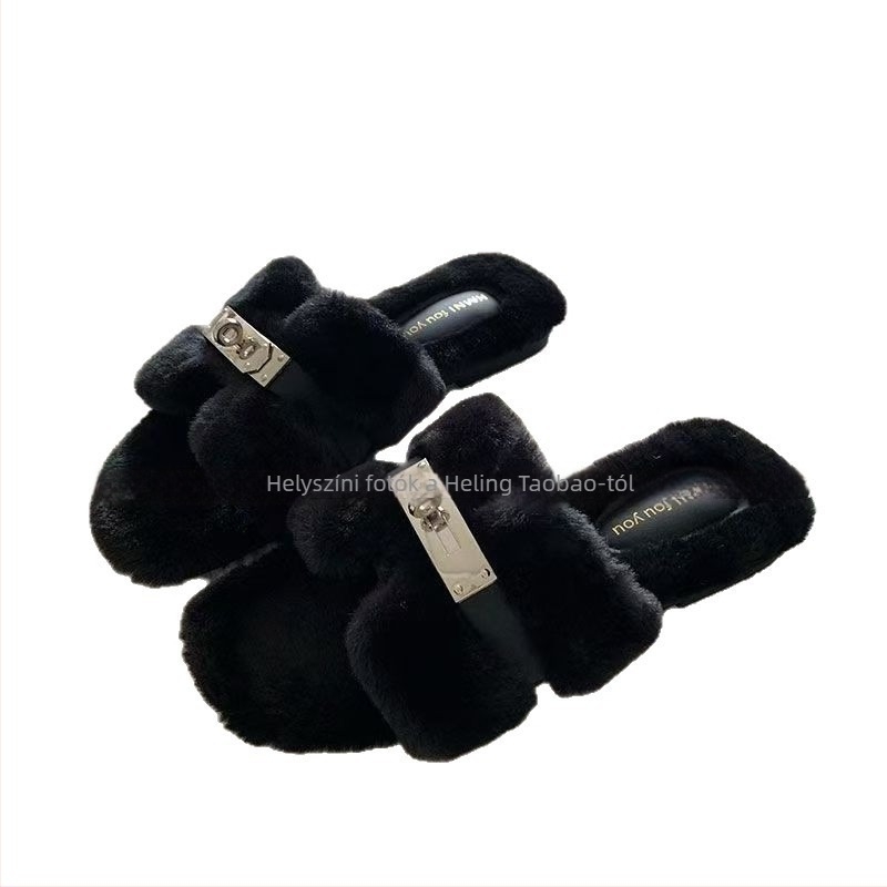Koreai stílusú női szőrös papucs, felső és belső rész műszőr, gumitalp, slip-on