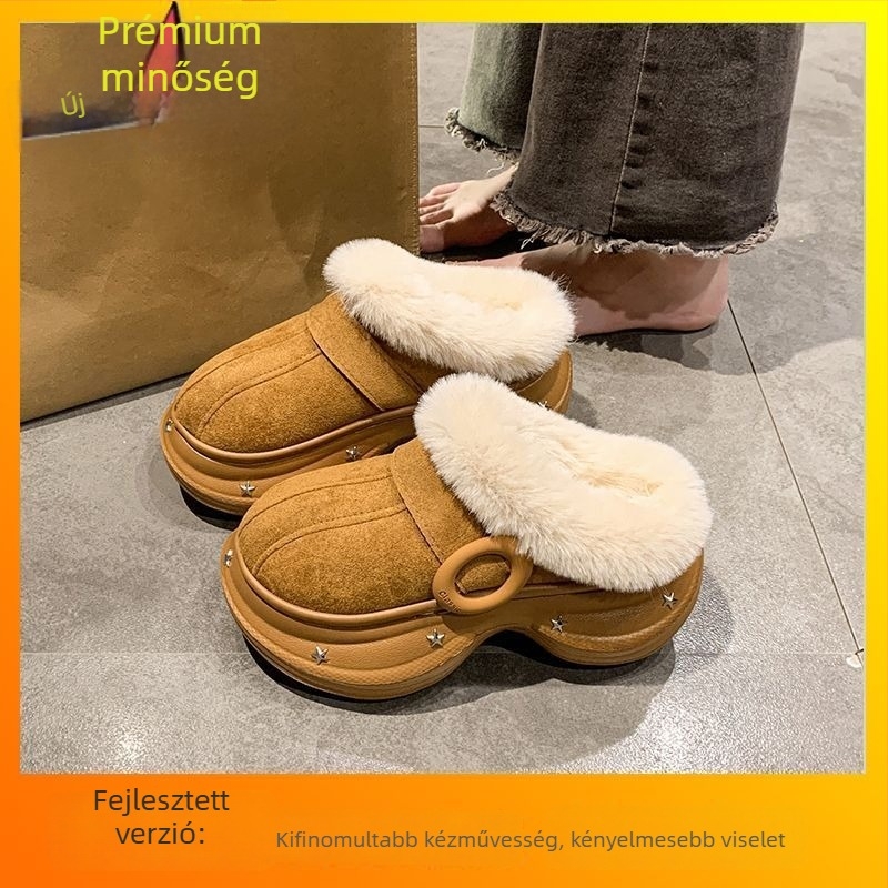 Női slip-on papucs gyapjú-pamutból – felsőrész PU, talp EVA, fleece belső, koreai stílus, talp vastagsága 0–3 cm