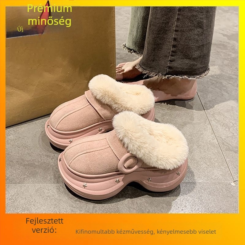 Női slip-on papucs gyapjú-pamutból – felsőrész PU, talp EVA, fleece belső, koreai stílus, talp vastagsága 0–3 cm
