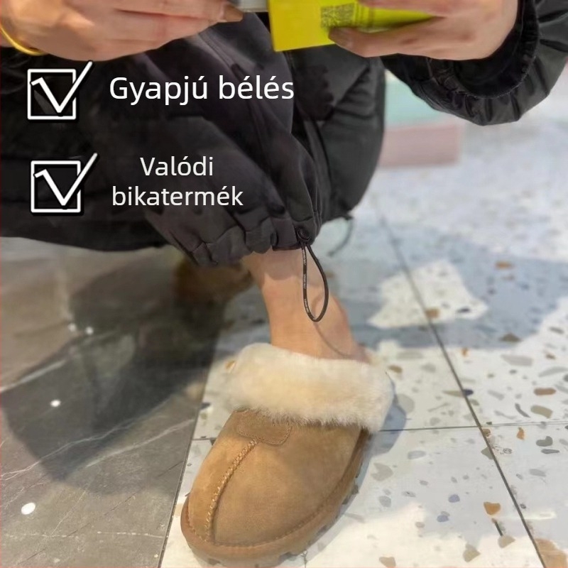 Baotou-stílusú háztartási papucs tehénbőrből, műszőrmés béléssel, TPR csúszásmentes talppal, mindennapi otthoni papucs
