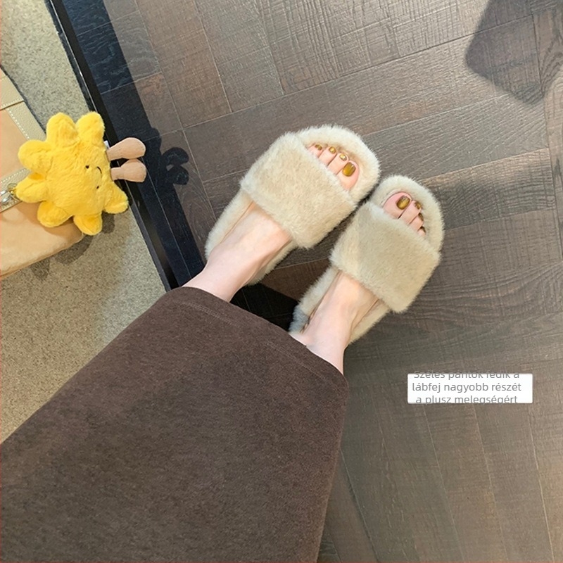 Női egypántos plüss papucs vastag gumitalppal, felső része műszőrme, bélés szuper rost, slip-on, mindennapi viselés, márka Crape Myrtle, Tél 2025
