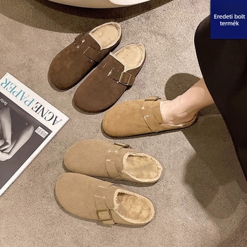 Női PU bőr papucs műszőrme belsővel, slip-on, lapos talp, melegen tart