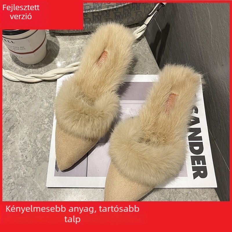 Pointed-Toe MŰLÉ cipő mesterséges plüss felsővel, gumírozott talppal, csúszásmentes