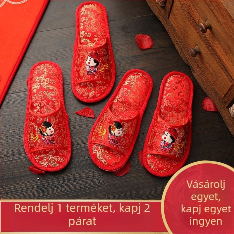 Piros esküvői papucs nőknek, téli beltéri pár, meleg plüss felső réteg, bőr bélés, PVC talp, csúszásmentes