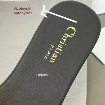 Női lapos szandál juhbőr felsőrésszel, gumírozott talppal és betűs hímzéssel, kényelmes mindennapi nyári viselet