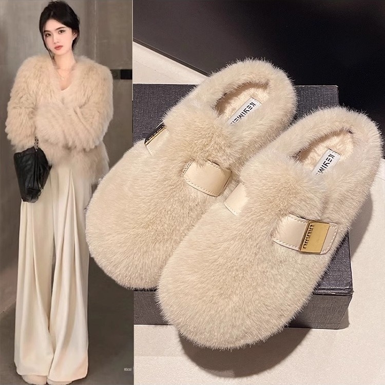 Női slip-on papucs, plüss pamut belső, kerek orr, lapos talp, PU felső