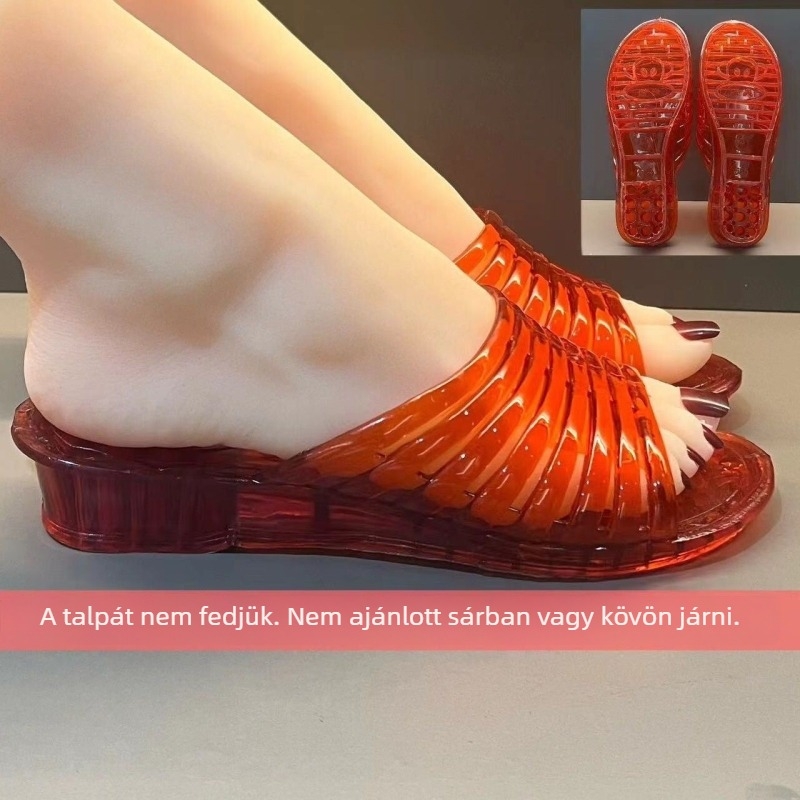 Kristályos PVC szandálok magasságot növelő talppal, átlátszó felsőrész, PVC talp, lapos talp, talp vastagsága 0–3 cm