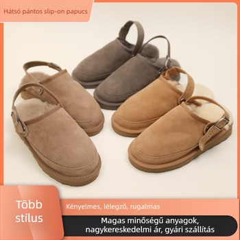 Zárt orrú, hátul pántos beltéri papucs, felső rész tehenbőr, belső shearling, EVA hab talp, lapos talp