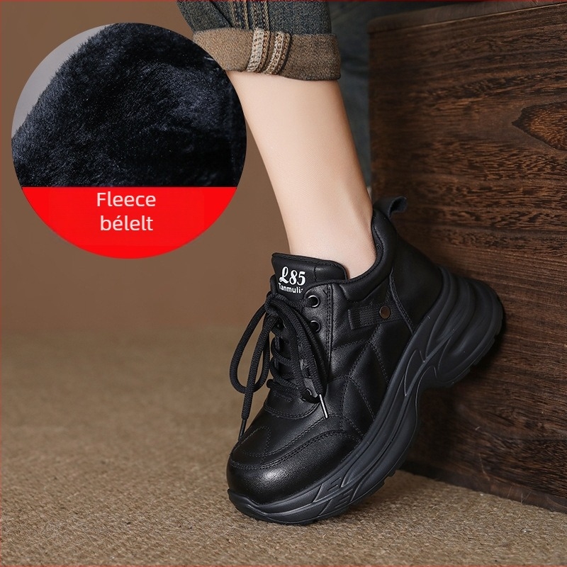 Első réteg marhabőr női dad shoes – középmagas, fűzős, habos gumitalp, 6–8 cm sarok