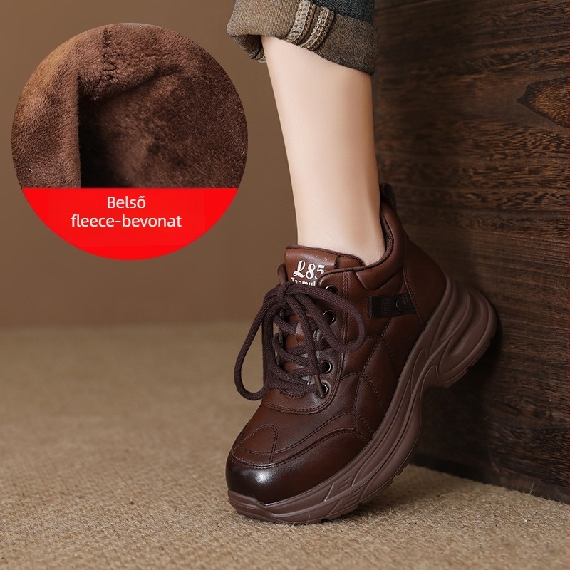 Első réteg marhabőr női dad shoes – középmagas, fűzős, habos gumitalp, 6–8 cm sarok