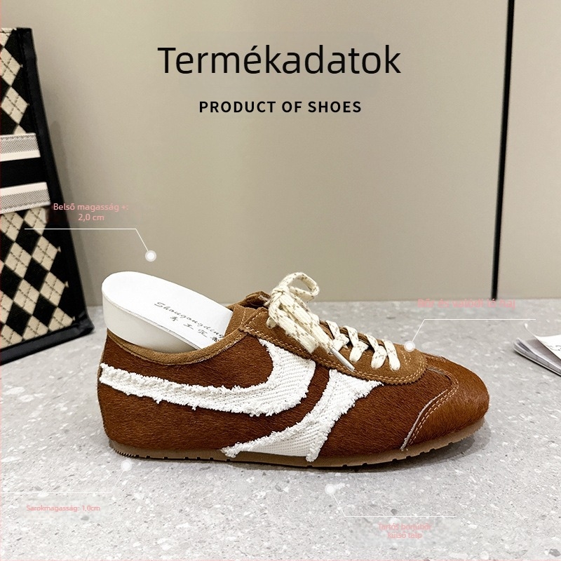 Dexun cipő – valódi bőr, tehén velúr és valódi lófarok leopard mintával, alacsony szárú mindennapi sportcipő, négyszögletes orr, 3–5 cm középmagas sarok, elülső pánt zárás, mikroszálas bélés