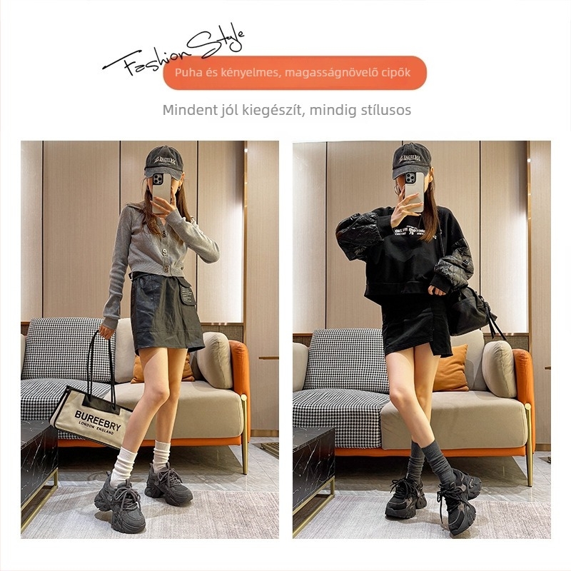 Női Dad Shoes tornacipő középmagas felsőrésszel, bőr + műbőr + textil felsőrész, fűzőzárás, 6–8 cm magas sarka