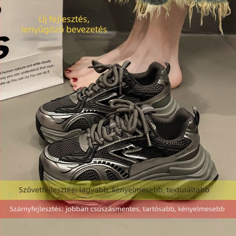 Női retro Hongkong-stílusú chunky dad shoes, alacsony felső, cipőfűzők, Microfiber + háló felsőrész, gumitalp, 3–5 cm sarok, ősz 2024