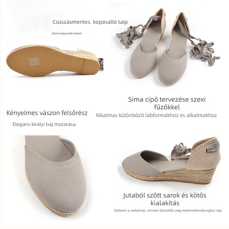 Pántos szandál vászon felsőrésszel, 3–5 cm-es klin sarok, kenderzsinóros zárás, TPR talp