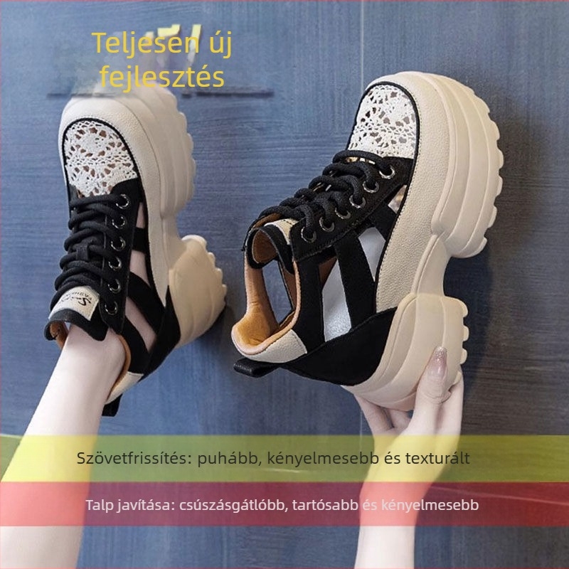 Női platformos szandál rejtett sarokkal, zárt orr, elöl kötős, PU felsőrész, gumírozott talp