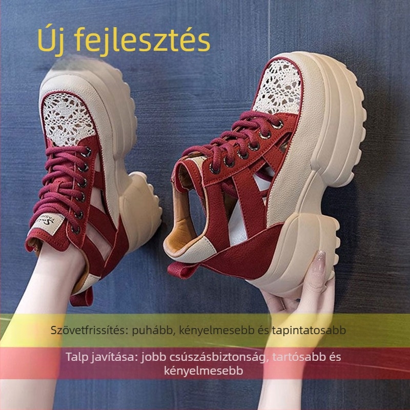 Női platformos szandál rejtett sarokkal, zárt orr, elöl kötős, PU felsőrész, gumírozott talp