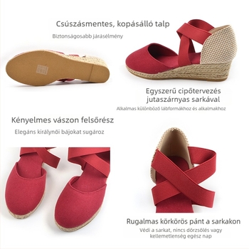 Női kendervonalú platformszandál keresztpántokkal, légáteresztő vászon felsőrésszel, kerek orr, elasztikus pánt, 3–5 cm magas platform