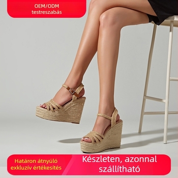 Római szandál kend­er kötélpánttal, csattal, klín sarkú, vastag talppal (6–8 cm)