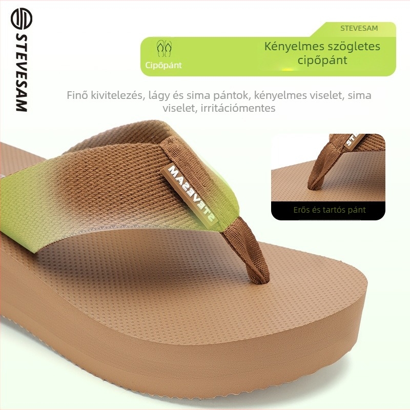Női flip-flop papucs 6 cm vastag talppal, 6–8 cm-es wedge sarokkal, PVC felsőrész, széles textil szalagú pánt, csúszásmentes gumitalp