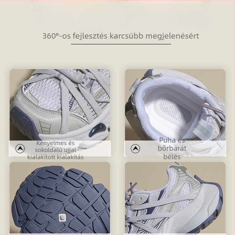 Női sportcipő vastag talppal, lélegző hálós felsőrész, elülső fűzőzárás, kerek orr, gumírozott talp