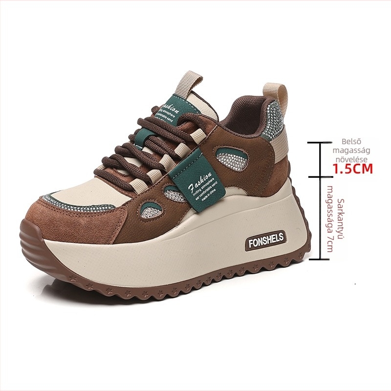 Női platformcipők vastag talppal, 6–8 cm magasságnövelés, fűzős zárás, kerek orr, koreai stílus