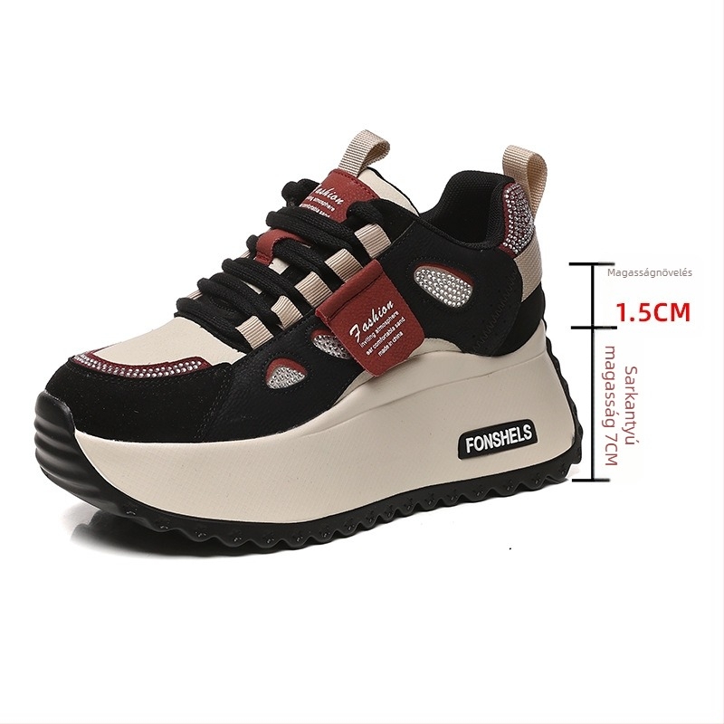 Női platformcipők vastag talppal, 6–8 cm magasságnövelés, fűzős zárás, kerek orr, koreai stílus