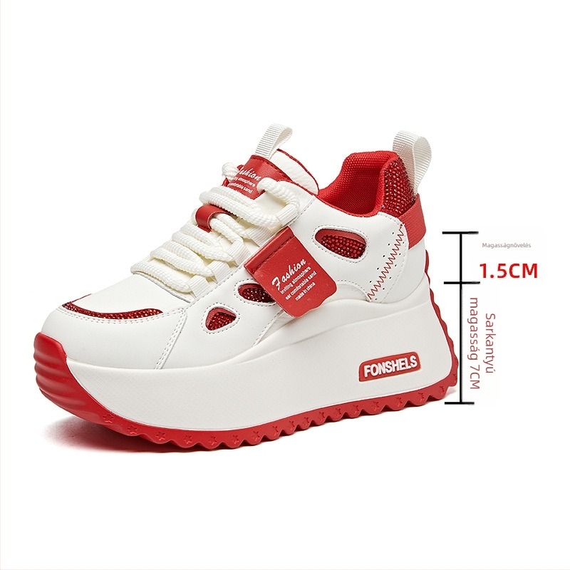 Női platformcipők vastag talppal, 6–8 cm magasságnövelés, fűzős zárás, kerek orr, koreai stílus