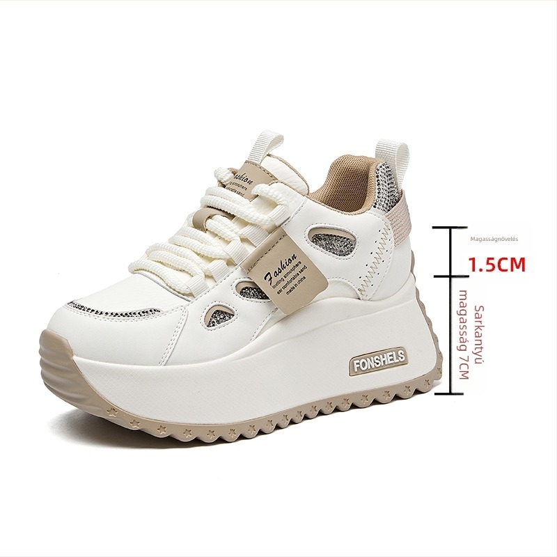 Női platformcipők vastag talppal, 6–8 cm magasságnövelés, fűzős zárás, kerek orr, koreai stílus