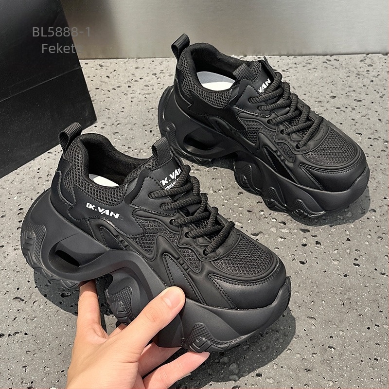 Női chunky sneaker bőr felsőrésszel, kerek orr, 3–5 cm középmagas sarok, légáteresztő hálós belső, PVC talp