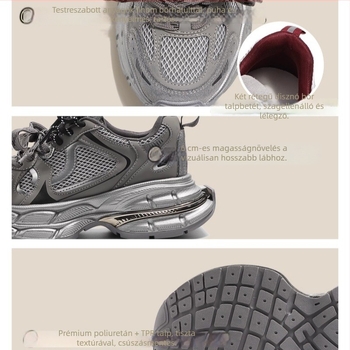 Női dad cipő, lélegző hálós felsőrész, műbőr és vászon kombinációval; kerek orr; 3-5 cm magas sarok; fűzőzárás; gumírozott talp