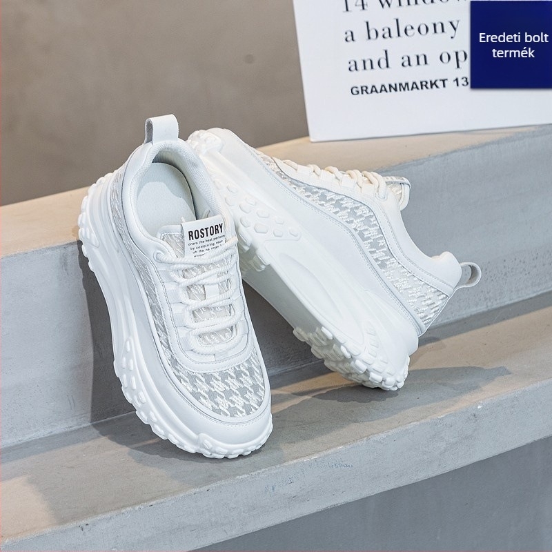 Női sport-stílusú casual cipő vastag talppal, elöl fűzés, PU+háló felsőrész, kerek orr, injektált talp, 3–5 cm talpmagasság, houndstooth minta