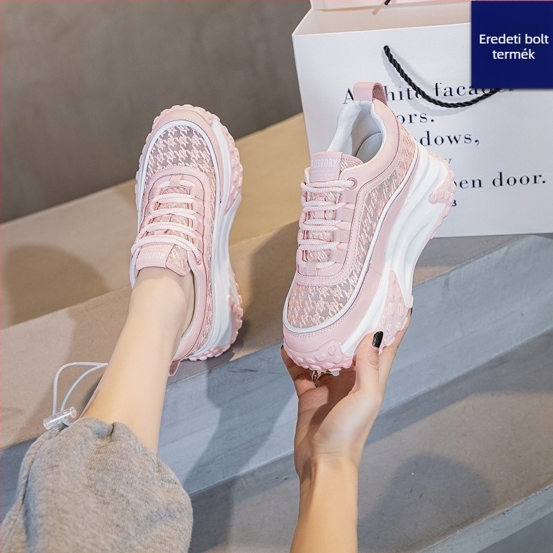 Női sport-stílusú casual cipő vastag talppal, elöl fűzés, PU+háló felsőrész, kerek orr, injektált talp, 3–5 cm talpmagasság, houndstooth minta