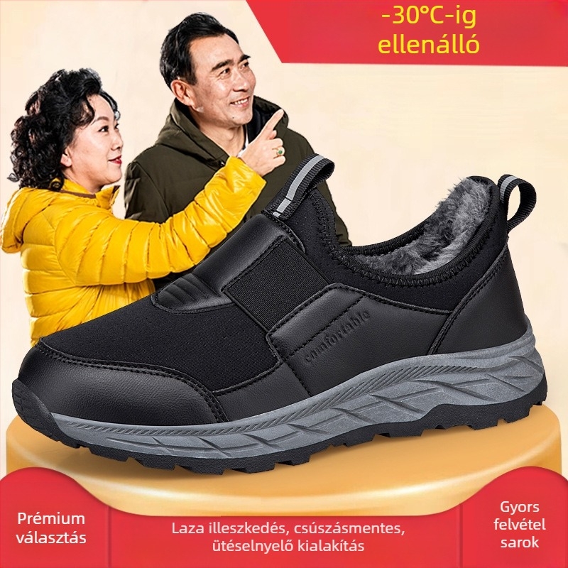 Idős nőknek szánt sétacipő plüss béléssel, slip-on zárás, felső rész szuper fibrából, ragasztott talp, kerek orr