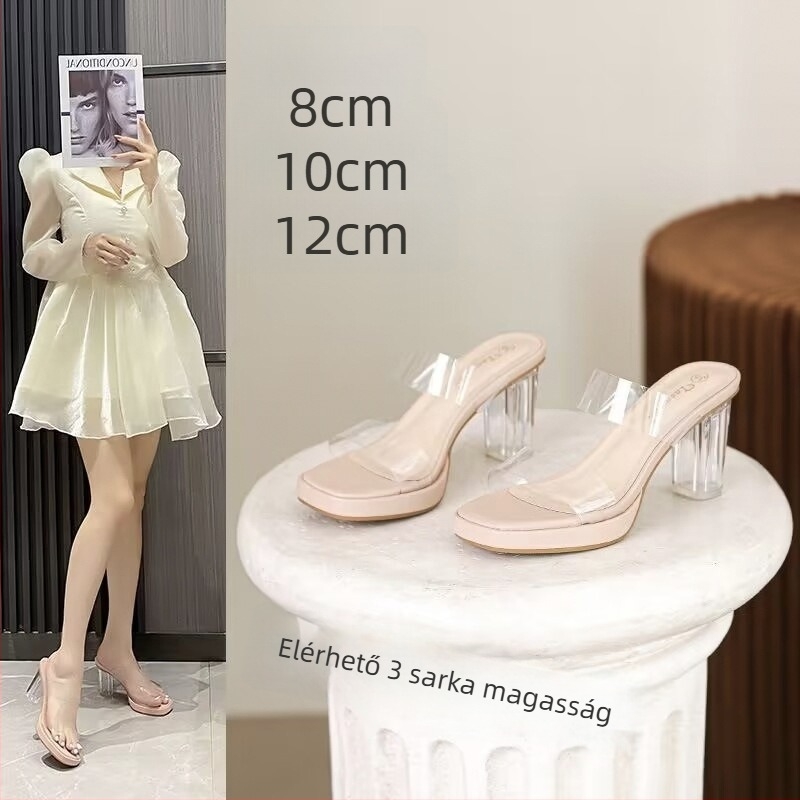 Pántos szandál mikroszálas felsővel, négyszögletes orr, vastag magas sarkú, 8 cm feletti, gumírozott talp