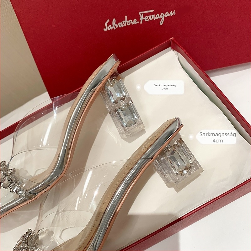 Rhinestone kristályos magassarkú szandál, négyszögletes orral, PVC felsőrész