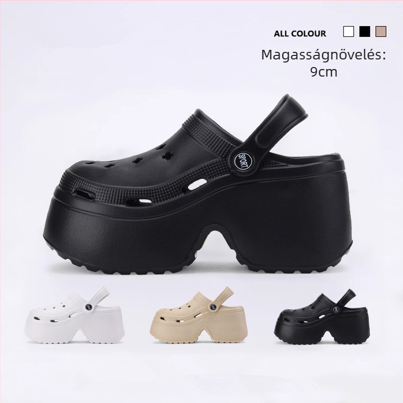 Cleotk Női Crocs-stílusú kültéri platform szandál, EVA felsőrész és EVA talp, platforma magassága 9 cm, talp vastagsága 8 cm, légáteresztő és csúszásmentes.