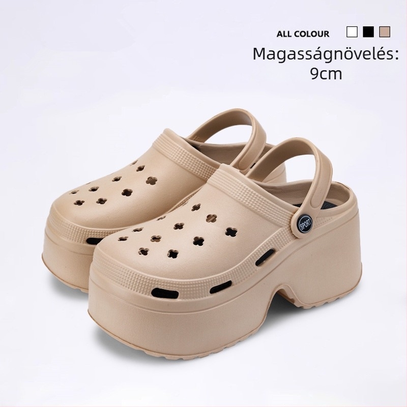 Cleotk Női Crocs-stílusú kültéri platform szandál, EVA felsőrész és EVA talp, platforma magassága 9 cm, talp vastagsága 8 cm, légáteresztő és csúszásmentes.