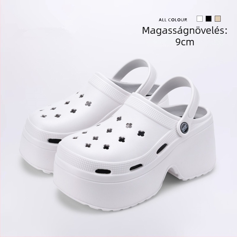 Cleotk Női Crocs-stílusú kültéri platform szandál, EVA felsőrész és EVA talp, platforma magassága 9 cm, talp vastagsága 8 cm, légáteresztő és csúszásmentes.