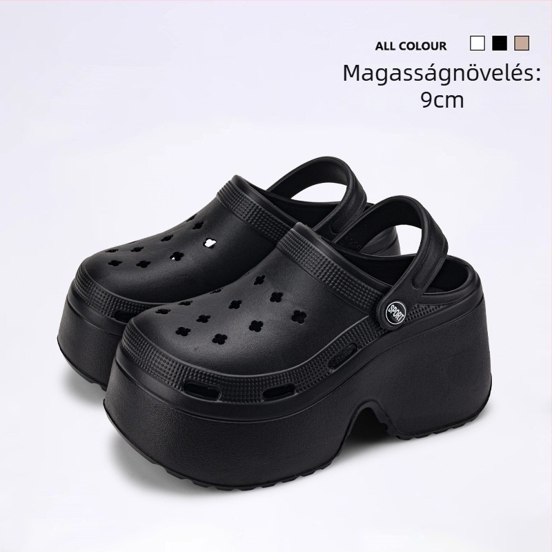 Cleotk Női Crocs-stílusú kültéri platform szandál, EVA felsőrész és EVA talp, platforma magassága 9 cm, talp vastagsága 8 cm, légáteresztő és csúszásmentes.