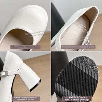 Mary Jane cipő, kerek orr, vastag 6–8 cm sarok, egysoros csat, PU belső talp