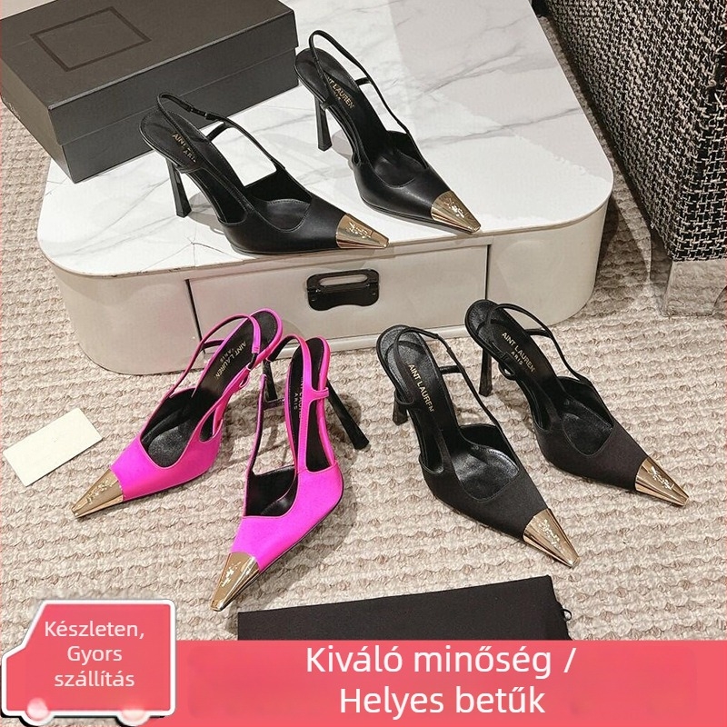 Hátsó pántos szandál nyílt orrú, marhabőr felsőrésszel; hegyes orr, 6–8 cm vékony sarkú