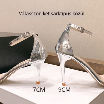 Strasszos pántos szandálok, kerek orr, 6–8 cm vékony sarkú, PU bélés, gumírozott talp