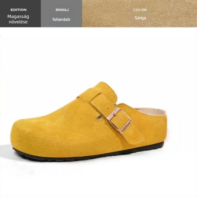 Női valódi bőrből készült vastag talpú Birkenstock-stílusú zárt orrú slip-on cipő, gumitalp, belső rész szuper rostból
