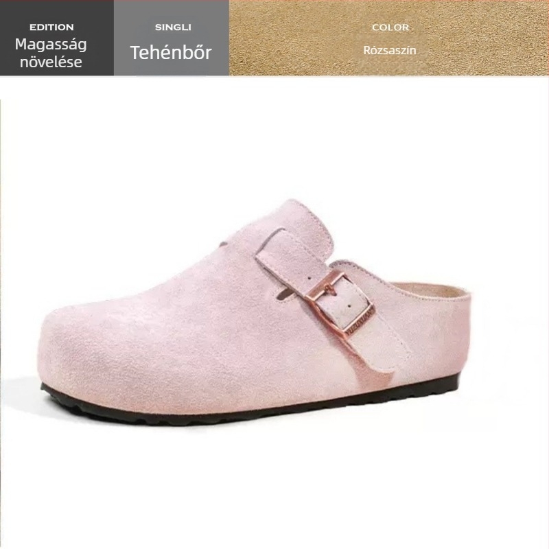 Női valódi bőrből készült vastag talpú Birkenstock-stílusú zárt orrú slip-on cipő, gumitalp, belső rész szuper rostból