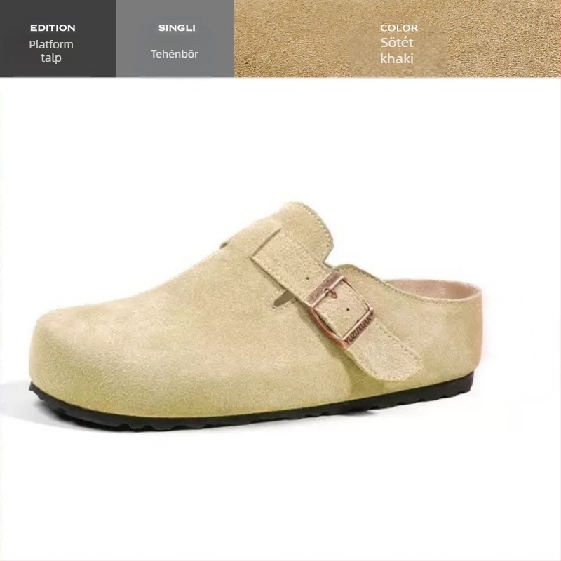 Női valódi bőrből készült vastag talpú Birkenstock-stílusú zárt orrú slip-on cipő, gumitalp, belső rész szuper rostból
