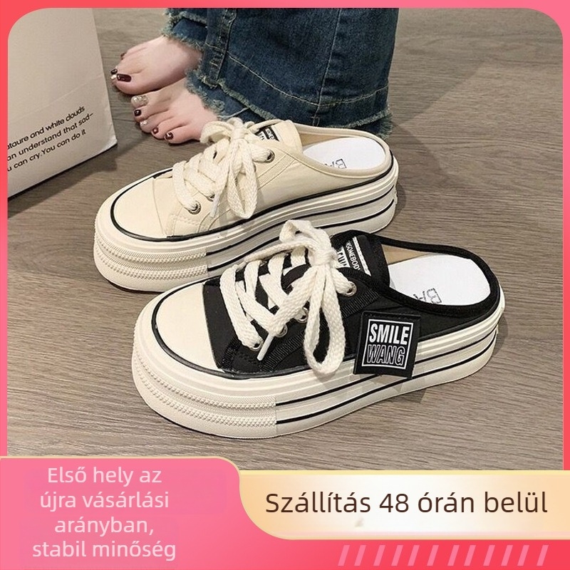 Női vászonból készült vastalpas platformos slip-on cipő, gumitalp, kerek orr, mindennapi viselet