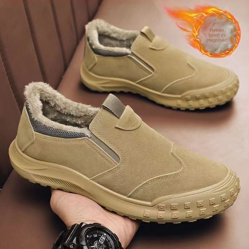 Férfi otthoni papucs slip-on velúr felsőrésszel, puha bélés és vastag talp a téli melegért