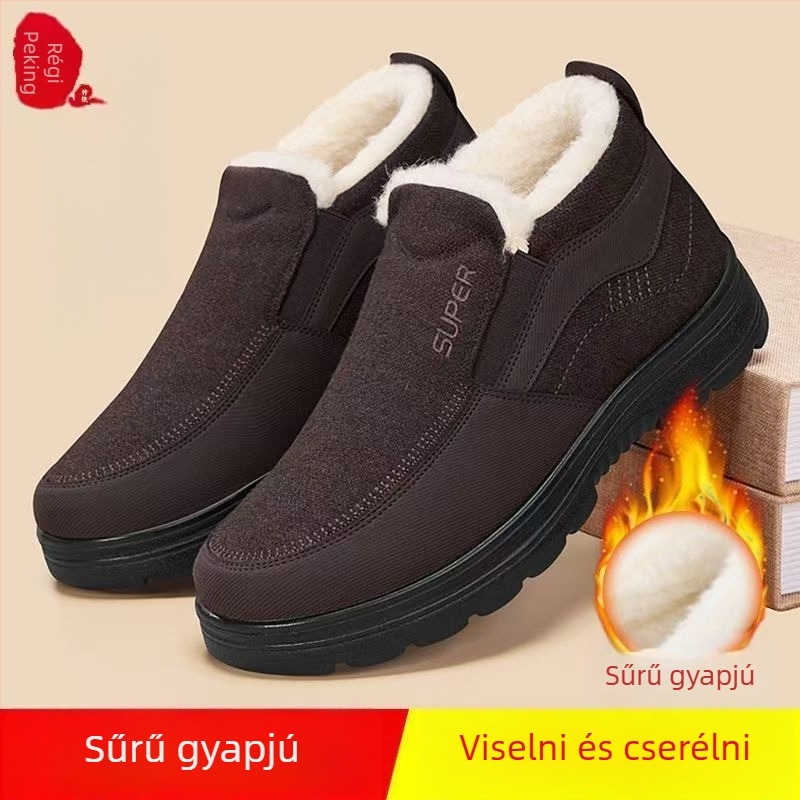 Férfi téli papucs len felsőrésszel és gyapjú béléssel — csúszásmentes, kopásálló talp, vastag talp